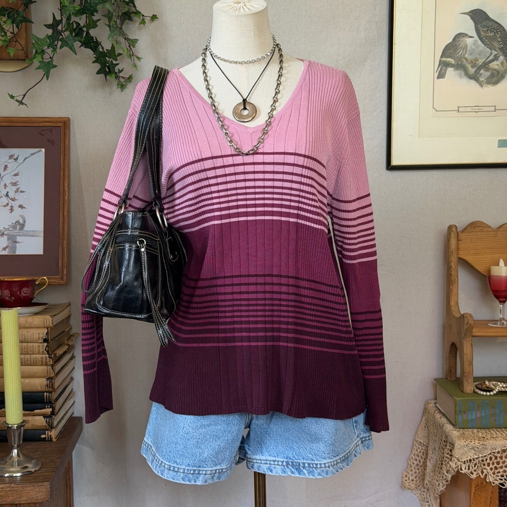 Pink Ombre Striped V-Neck Ribbed Sweater Indie Grunge Vintage Large